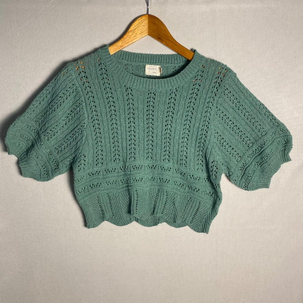 Sage Green Pointelle Knit Puff Sleeve Scallop Hem Sweater SM Cottagecore